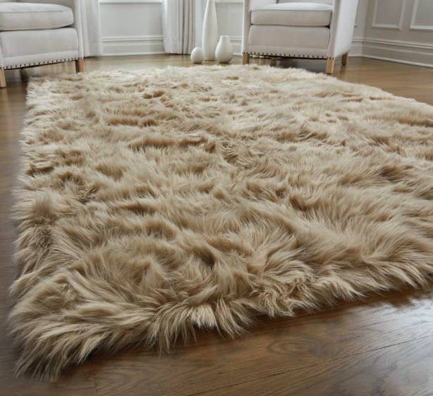 Fluffy rug on wood floor 
