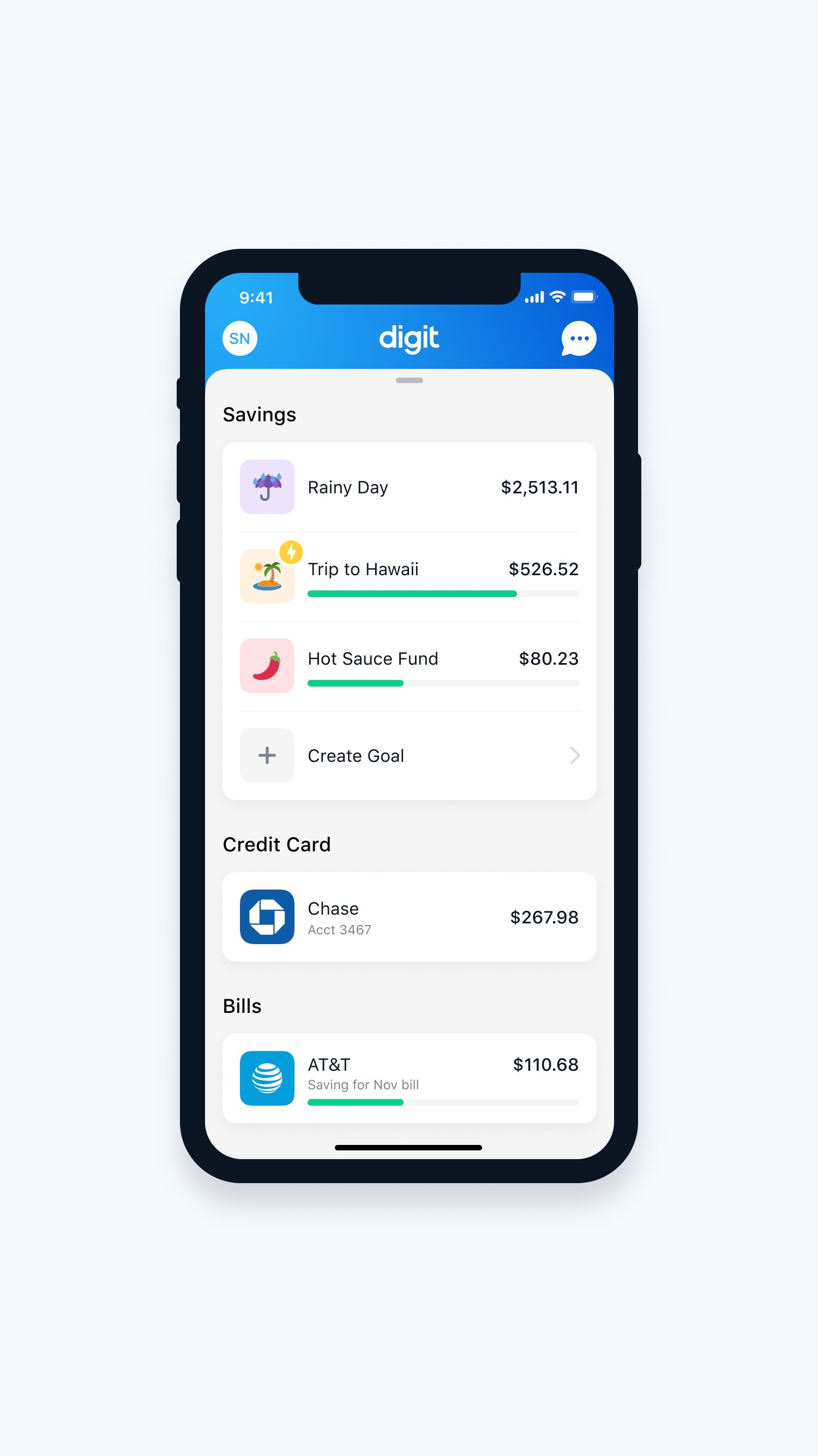 Screenshot of saving categories in Digit app