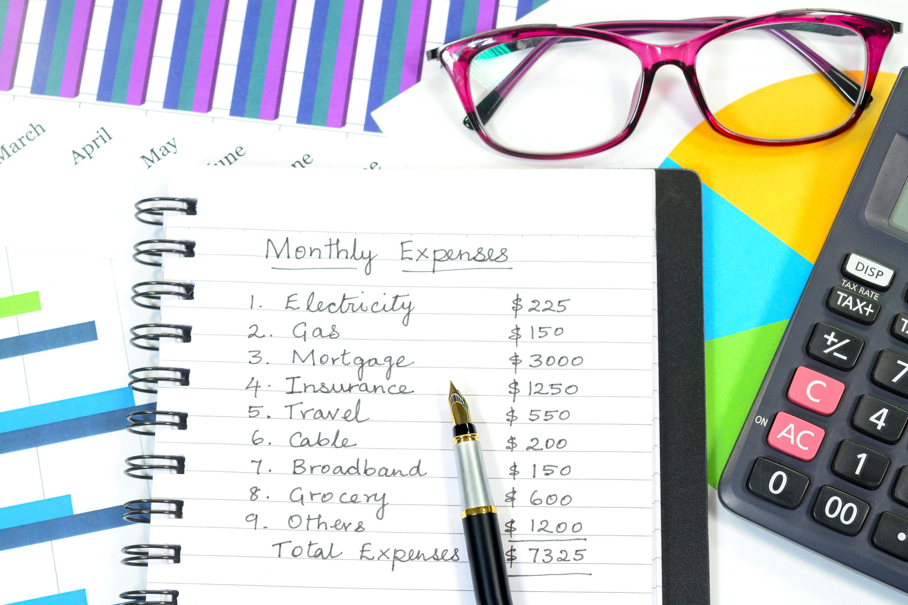 Monthly expenses written in a notebook