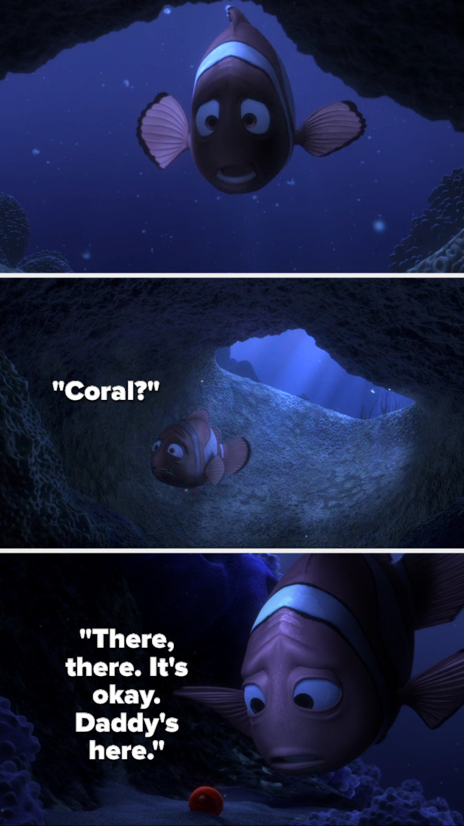 Marlin swims into the cave calling for his wife and finds Nemo&#x27;s egg, telling him it&#x27;ll be alright