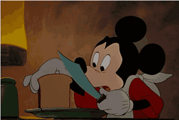 Mickey Mouse slicing cutting an insanely thin slice of bread to give to Goofy