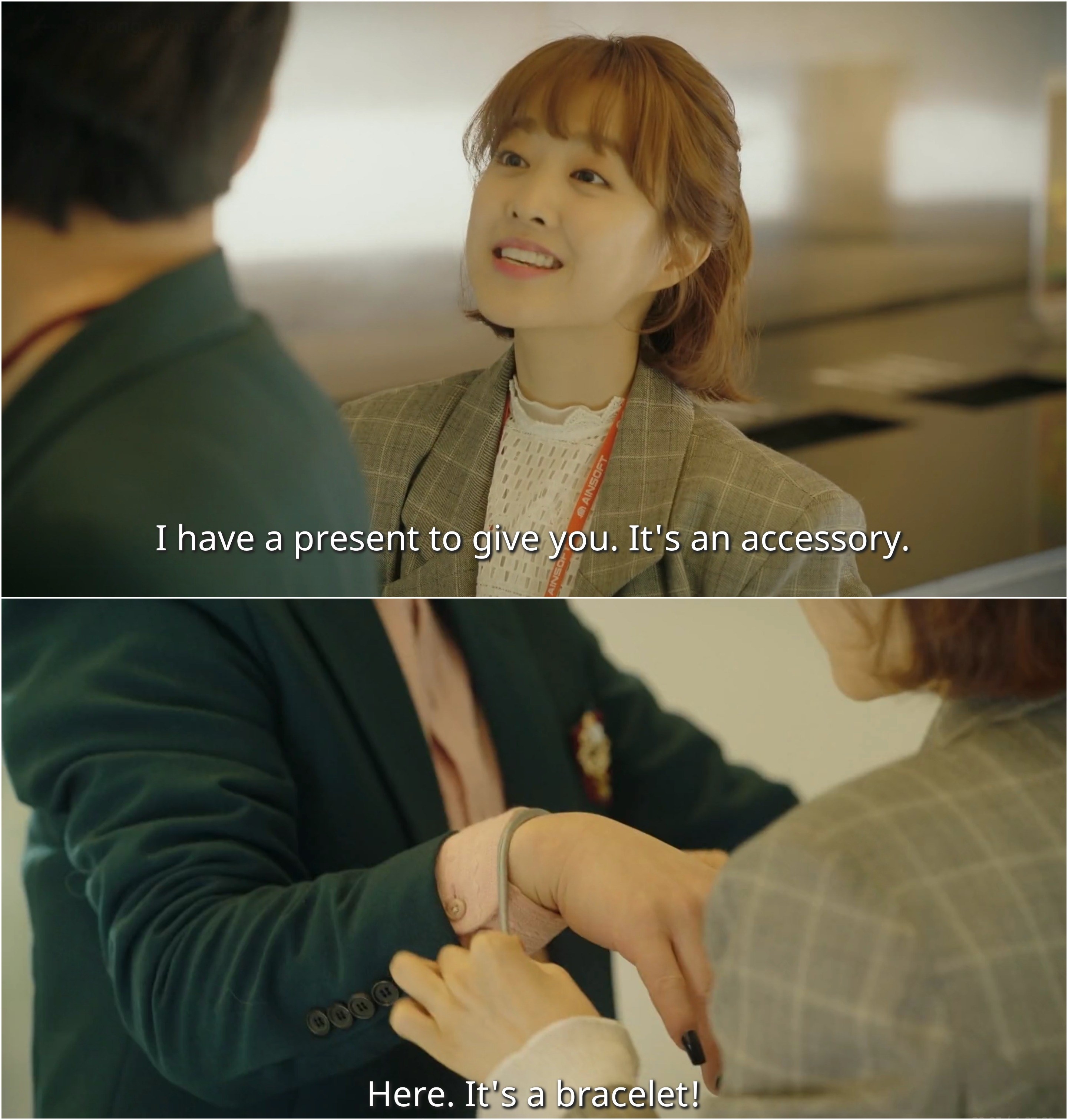 Bong-soon takes a chopstick and forms it into a bracelet for her mean co-worker to wear