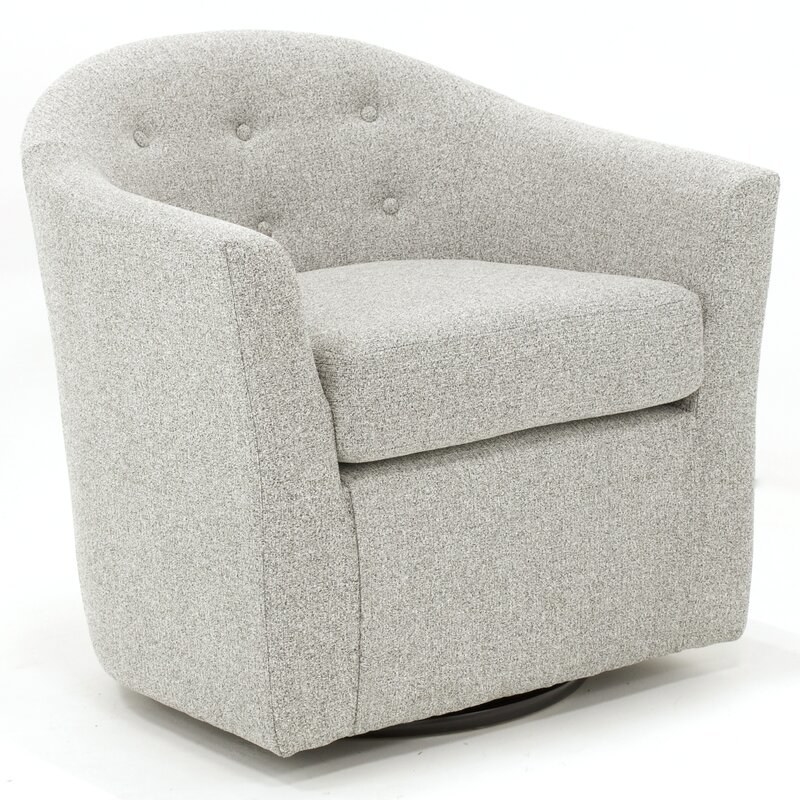 Gray barrel chair with swivel base, tufted back, and removable seat cushion