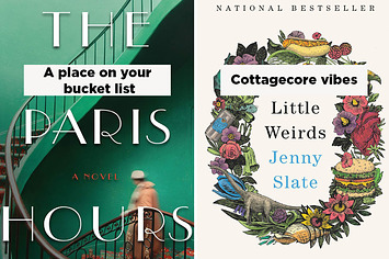 (left) The Paris Hours book cover with added text "a place on your bucket list" (right) Little Weirds book cover with added text "cottagecore vibes"