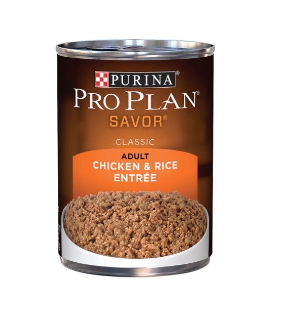 The can of Purina adult dog food in chicken and rice flavor