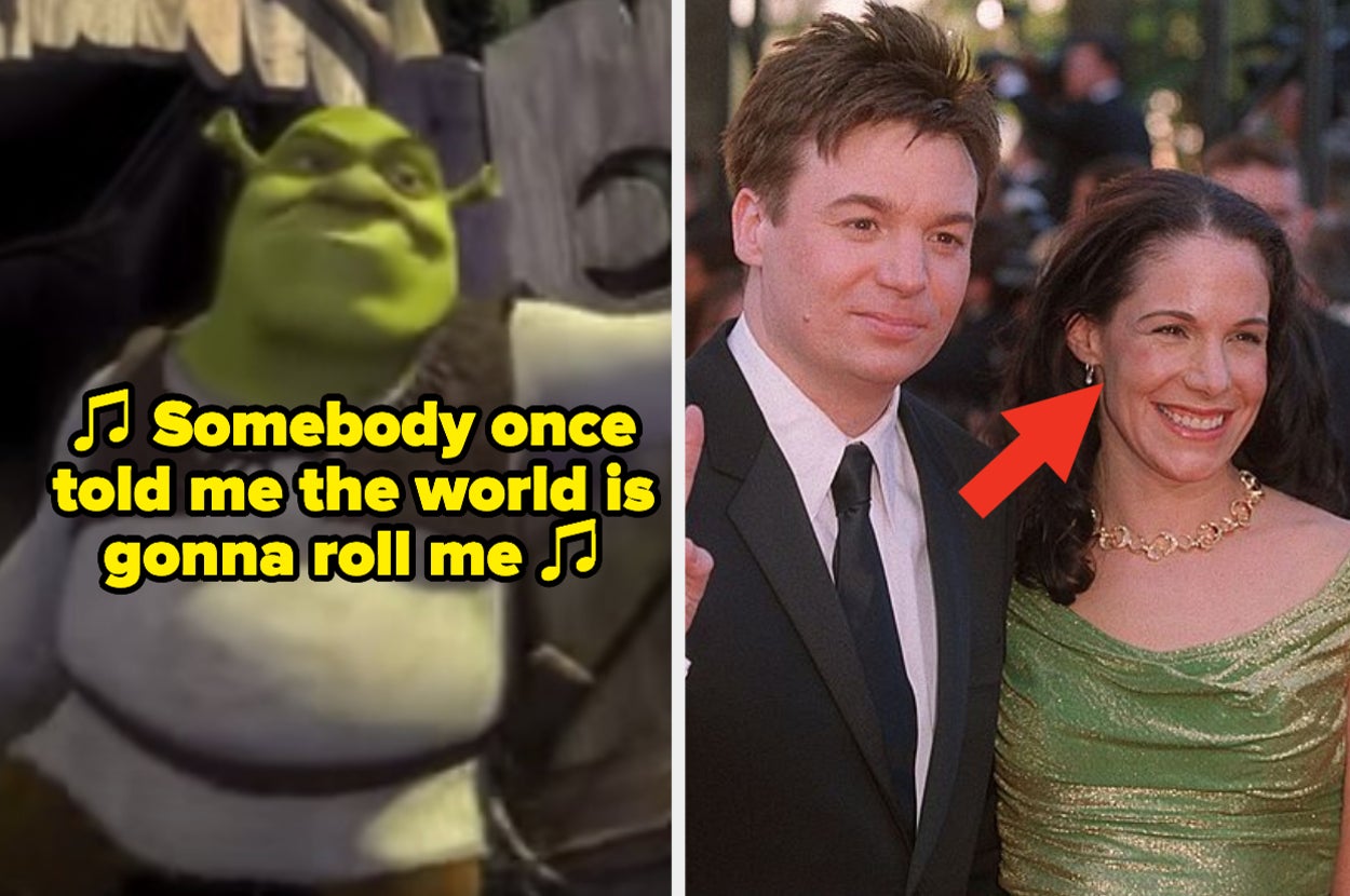 Shrek exiting his bathroom in "Shrek;" Mike Meyers and Vicky Jenson at the "Shrek" movie premiere