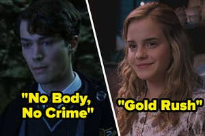 tom riddle on the left with "no body no crime" under him and hermione on the right with "gold rush" under her