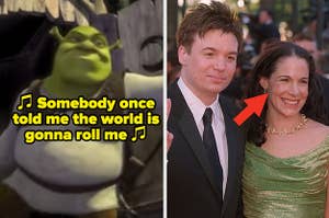 Shrek exiting his bathroom in "Shrek;" Mike Meyers and Vicky Jenson at the "Shrek" movie premiere