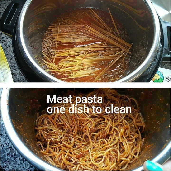 a reviewer cooking meat sauce and spaghetti in the pot, with the text "meat pasta one dish to clean"