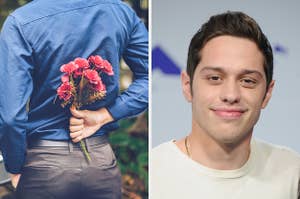On the left, someone holding some roses behind their back, and on the right, Pete Davidson