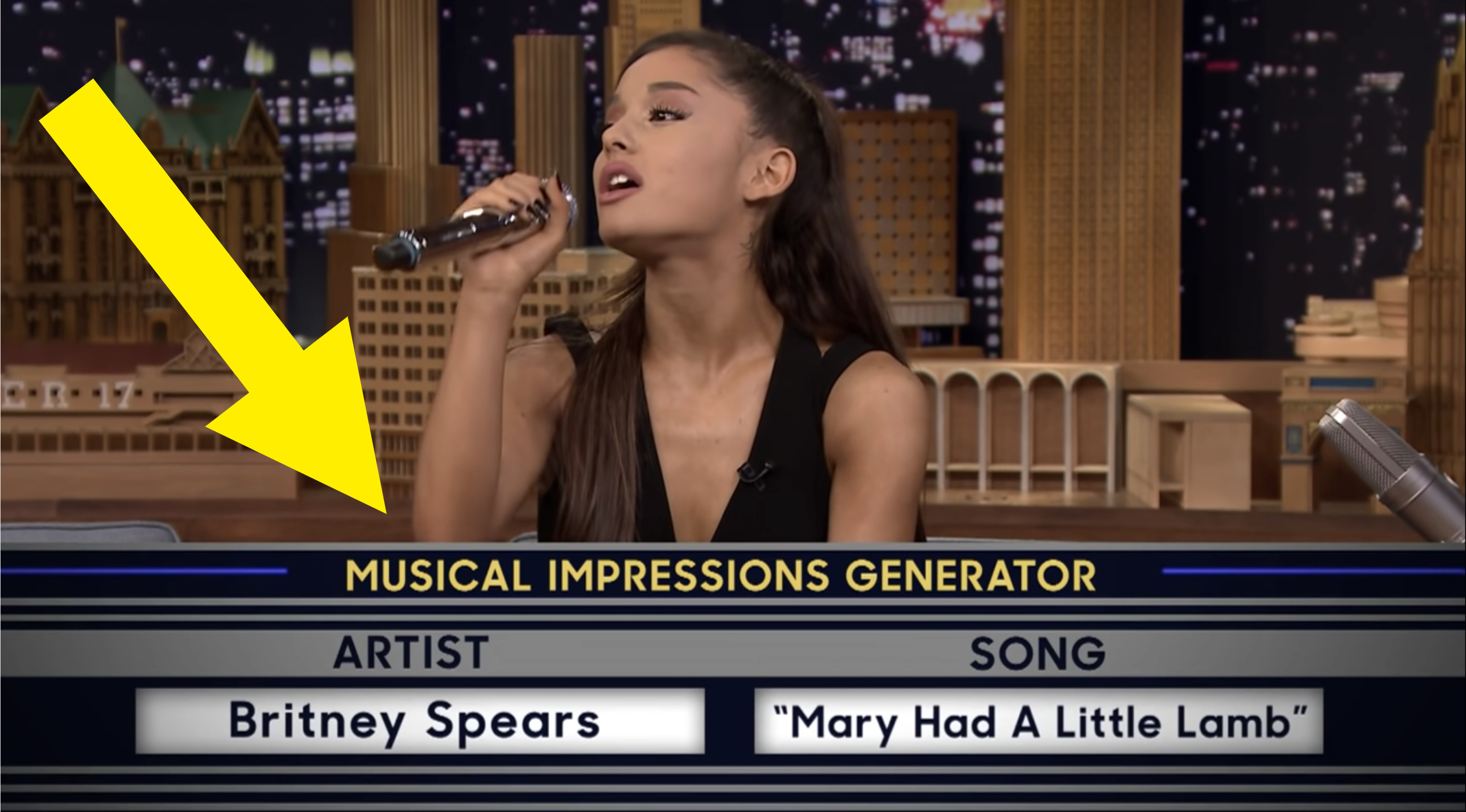 An arrow pointing towards information at the bottom of the screen during a Jimmy Fallon segment