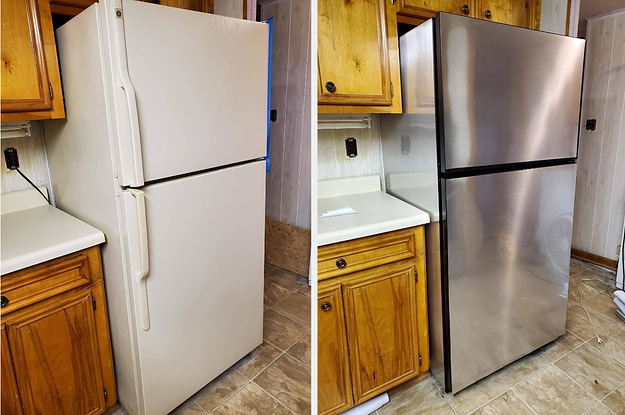 before: white fridge and after: the same fridge, now looking like it's stainless steel