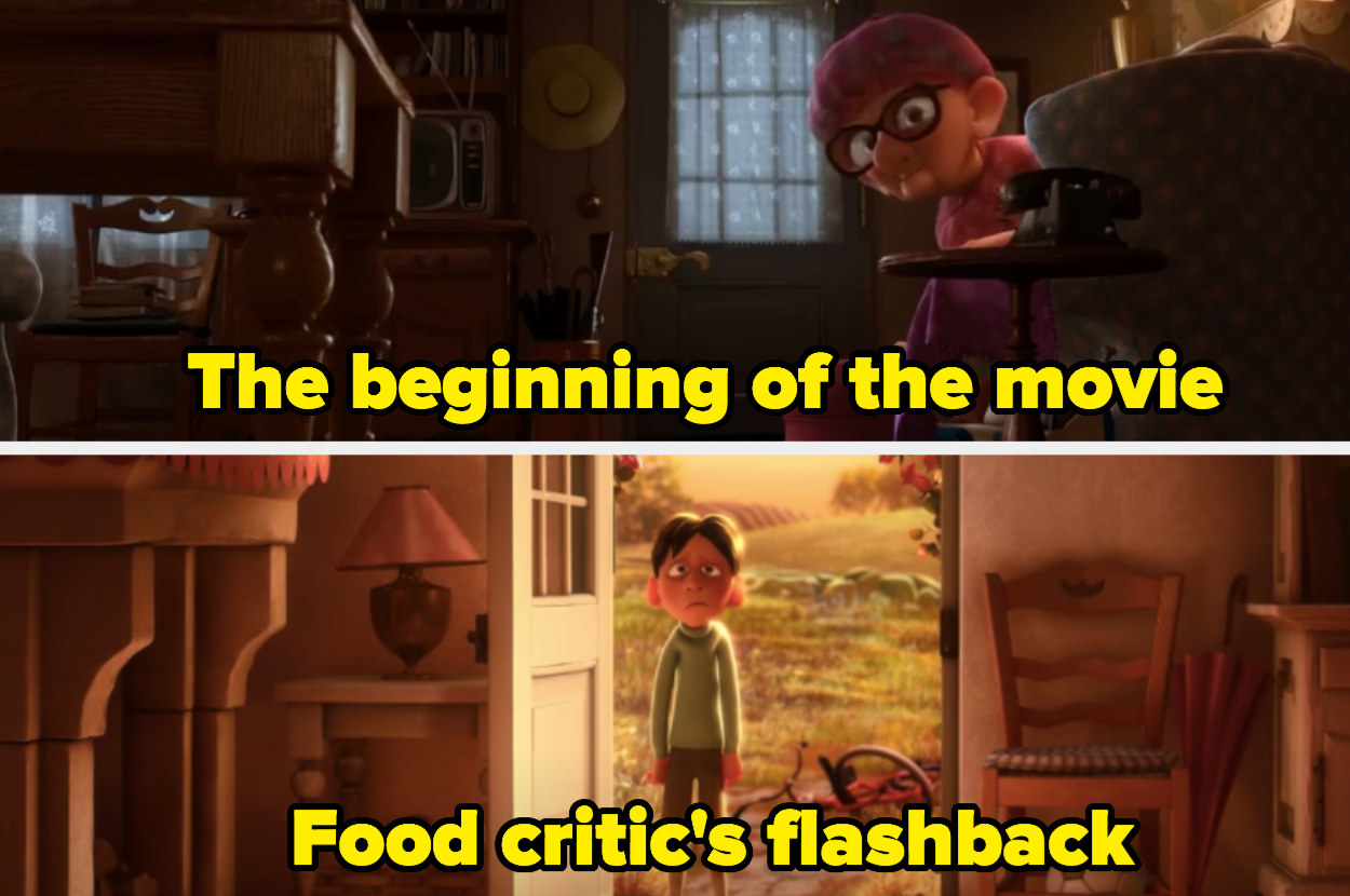 Old lady in the beginning of &quot;Ratatouille&quot; sitting in a chair and the food critic, Anton Ego in a flashback scene. 