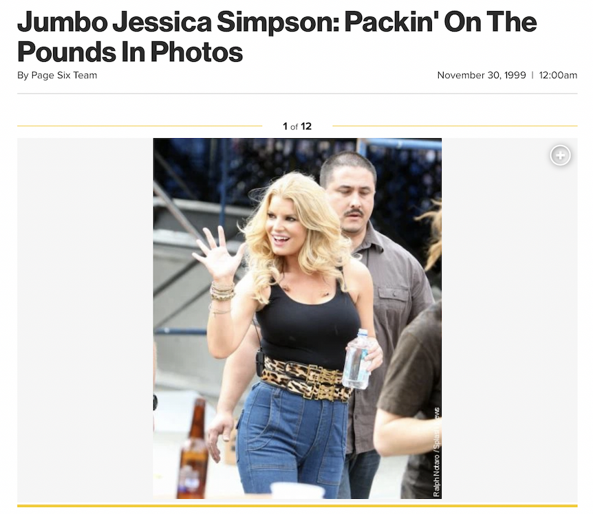 An article with the image of Jessica Simpson waving at a concert, and the headline &quot;Jumbo Jessica Simpson Packin&#x27; on the Pounds&quot;