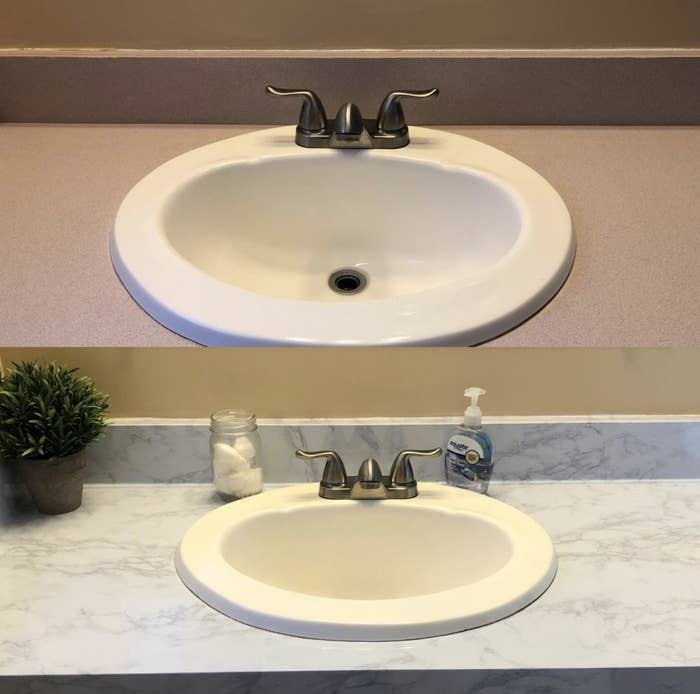 A before and after of a bathroom counter with marble wallpaper