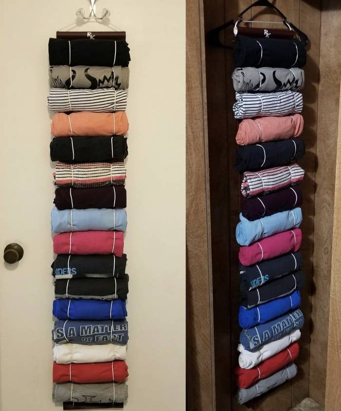 Several T-Shirts rolled onto a vertical organizer