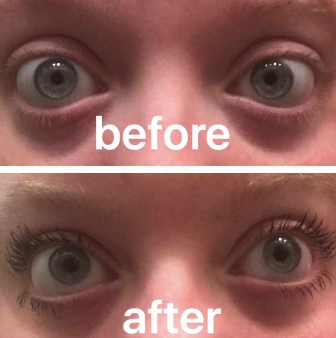 A before and after picture of a person&#x27;s eyes with mascara