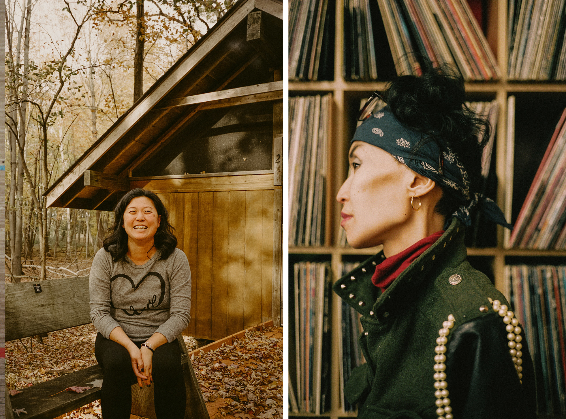 A woman laughs in the woods, and a woman wearing a bandana in front of a record collection