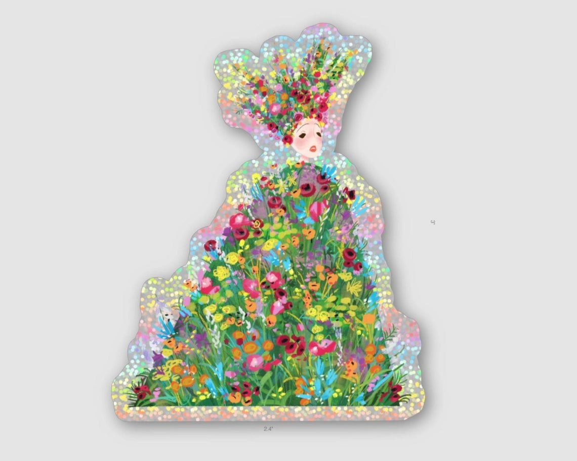 glittery sticker of florence pugh in flower dress