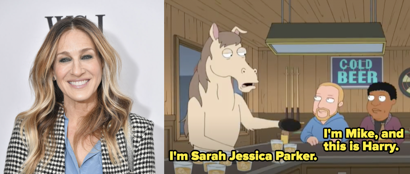 Sarah Jessica Parker smiling, a screenshot of Family Guy where a horse introduces itself as Jessica