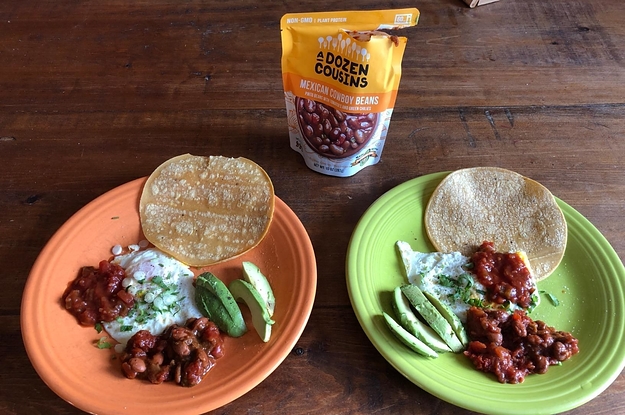 reviewer's bag of pinto beans and some on a plate with avocado, tortillas, and cheese