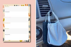 a weekly notepad and car mask holder
