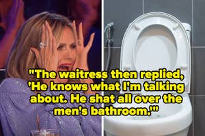 A disgusted Heidi Klum next to a toilet with the text: "The waitress then replied, 'He knows what I'm talking about; he shat all over the men's bathroom'"