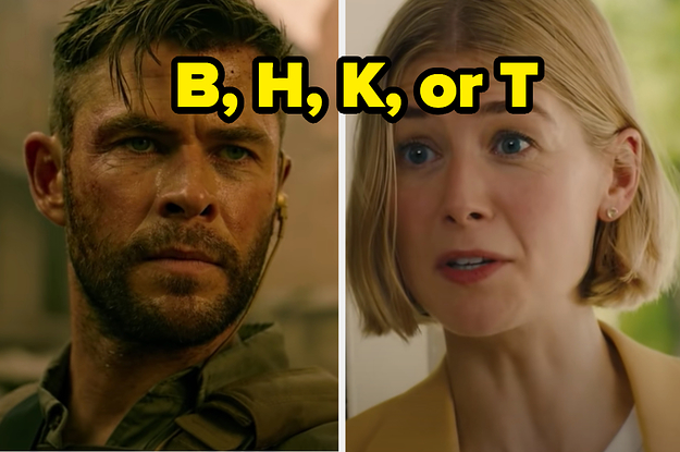 Chris Hemsworth is on the left with Rosamund Pike on the right labeled, "B, H, K, or T"