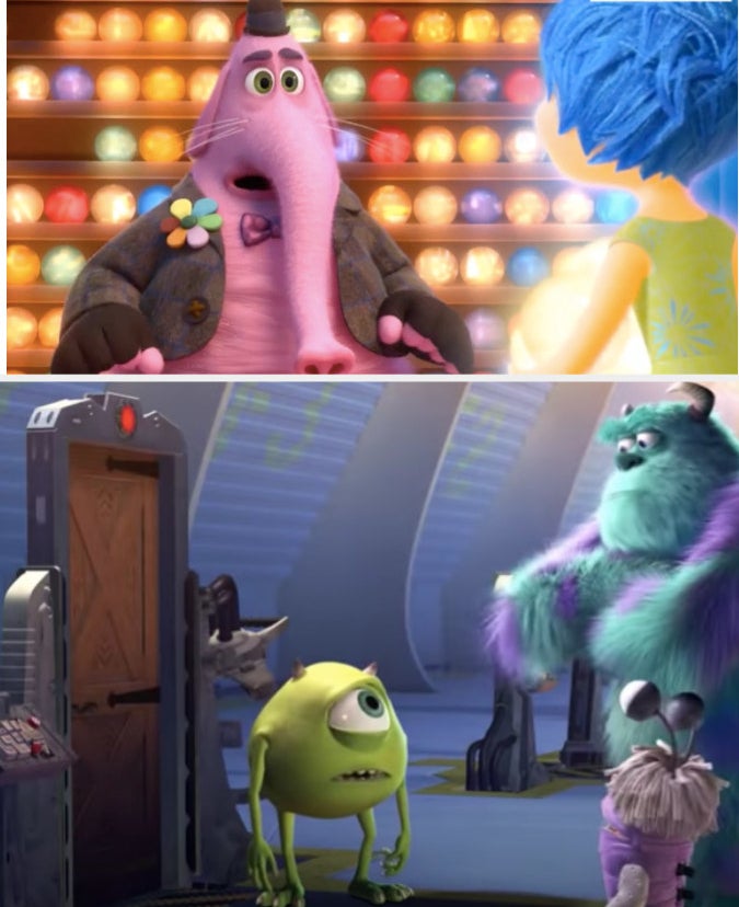 Bing Bong from "Inside Out" and Mike, Sully, and Boo from "Monster's, Inc."