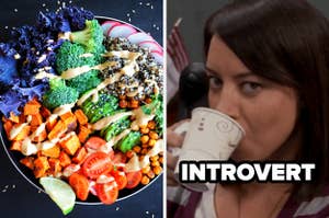rainbow salad and April from Parks and Recreation labeled "introvert"