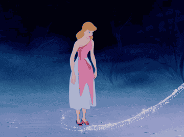 Cinderella transforming from wearing rags to a sparkling ball gown