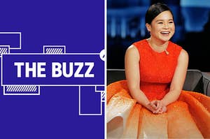 Splitscreen of purple graphic with THE BUZZ in white letters on the left side and a photo of Kelly Marie Tran on the right side (CREDIT: GETTY)