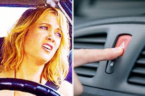 An image of Kristen Wiig looking annoyed in the car and someone flipping their hazards on