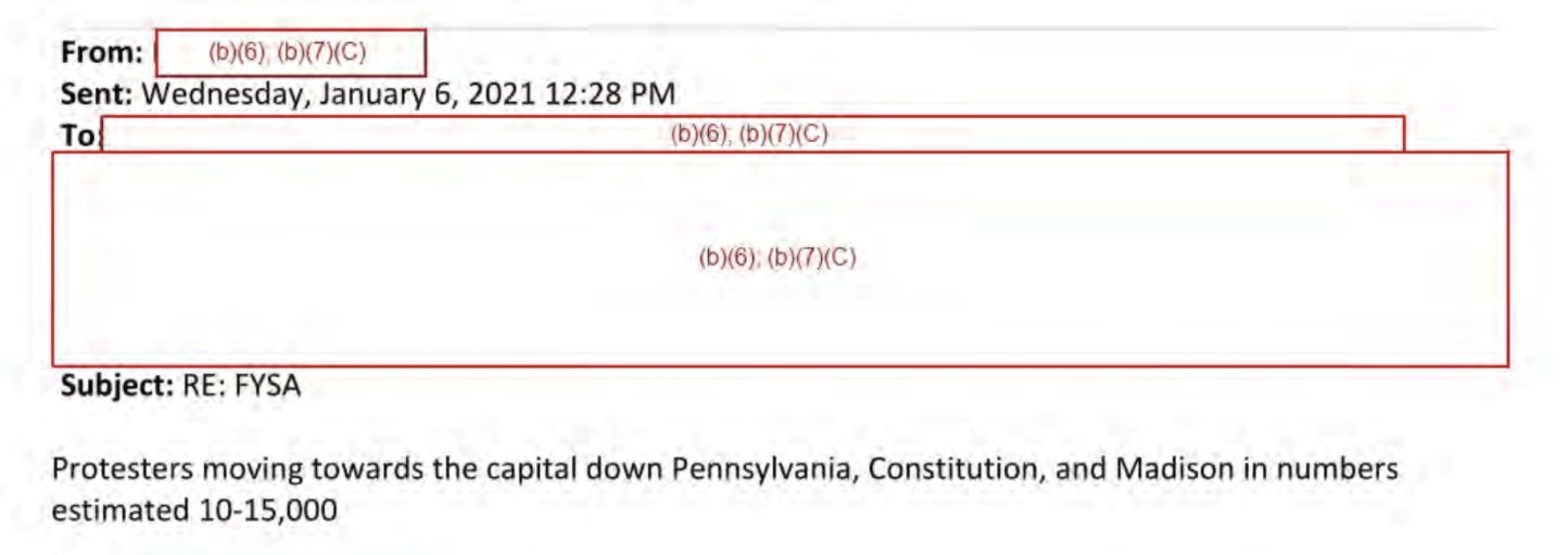 An email that reads &quot;Protesters moving towards the capital down Pennsylvania, Constitution, and Madison in numbers estimated 10-15,000,&quot; sent at 12:28 PM