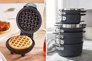 to the left: a mini waffle maker, to the right: a stack of matte black pots