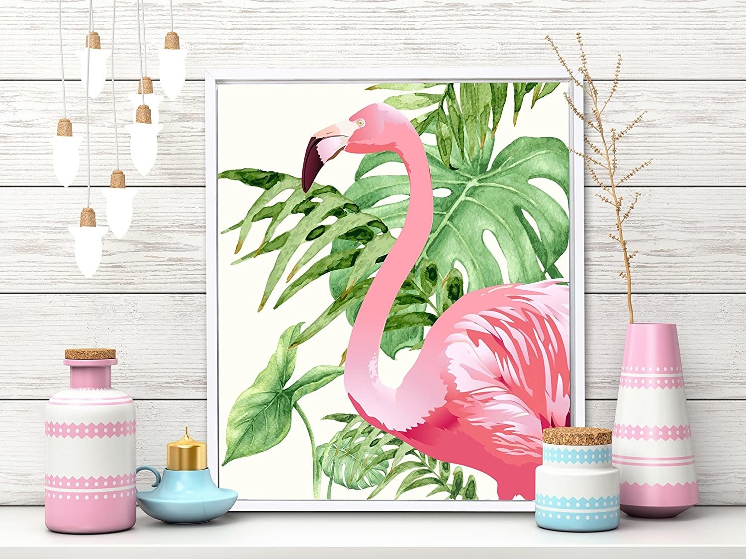 A flamingo painting with jars near it 