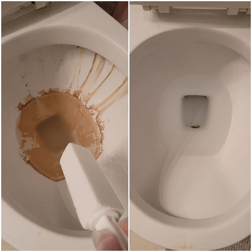 reviewer before-and-after photo showing their dirty toilet with hard water stains looking brand new after using the pumice stone
