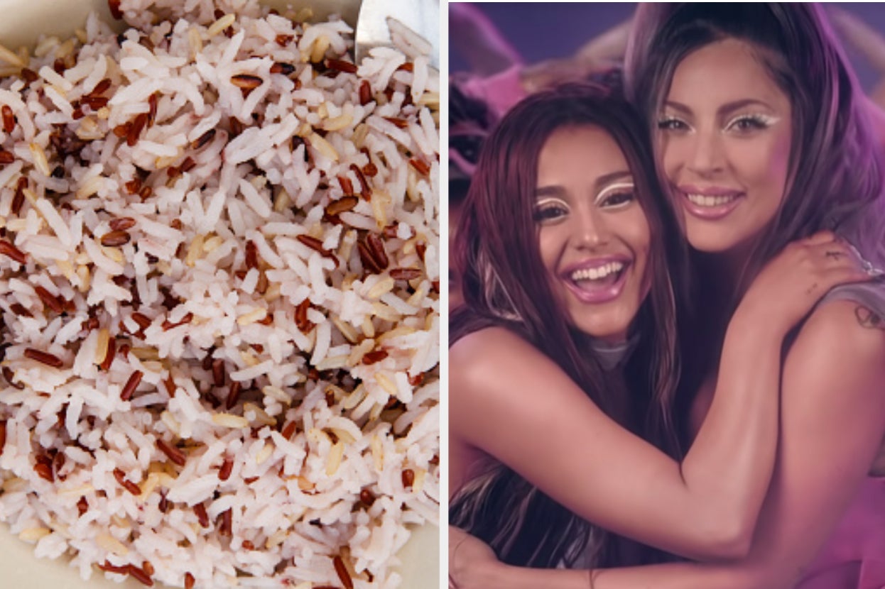 A bowl of wild rice and Lady GaGa and Ariana Grande in their music video