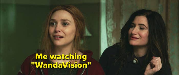 Wanda smiling and Agnes looking at her with the caption, &quot;Me watching &#x27;WandaVision&#x27;&quot; on Wanda