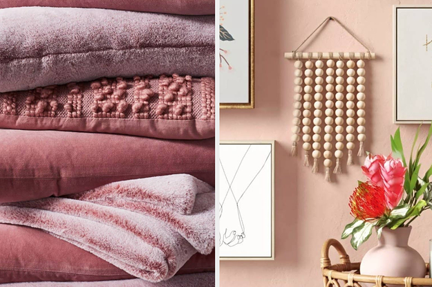 Fuzzy pink throw pillows and a beaded wall hanging