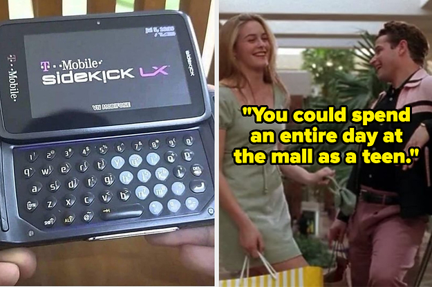 A Sidekick phone with a keyboard next to the mall scene in