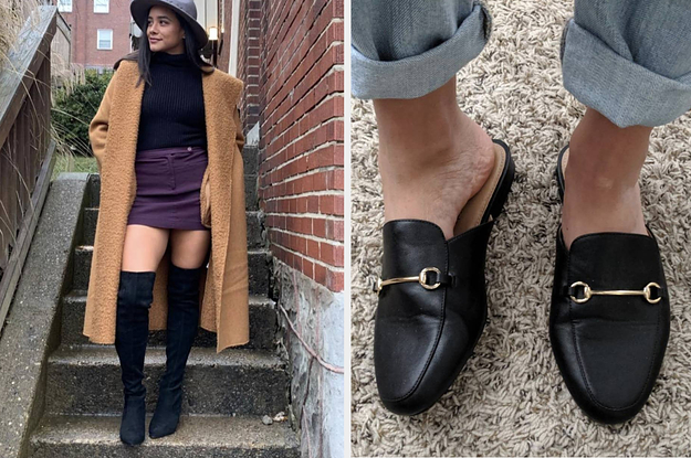 on left reviewer wearing thigh high boots and on right reviewer wearing black loafers