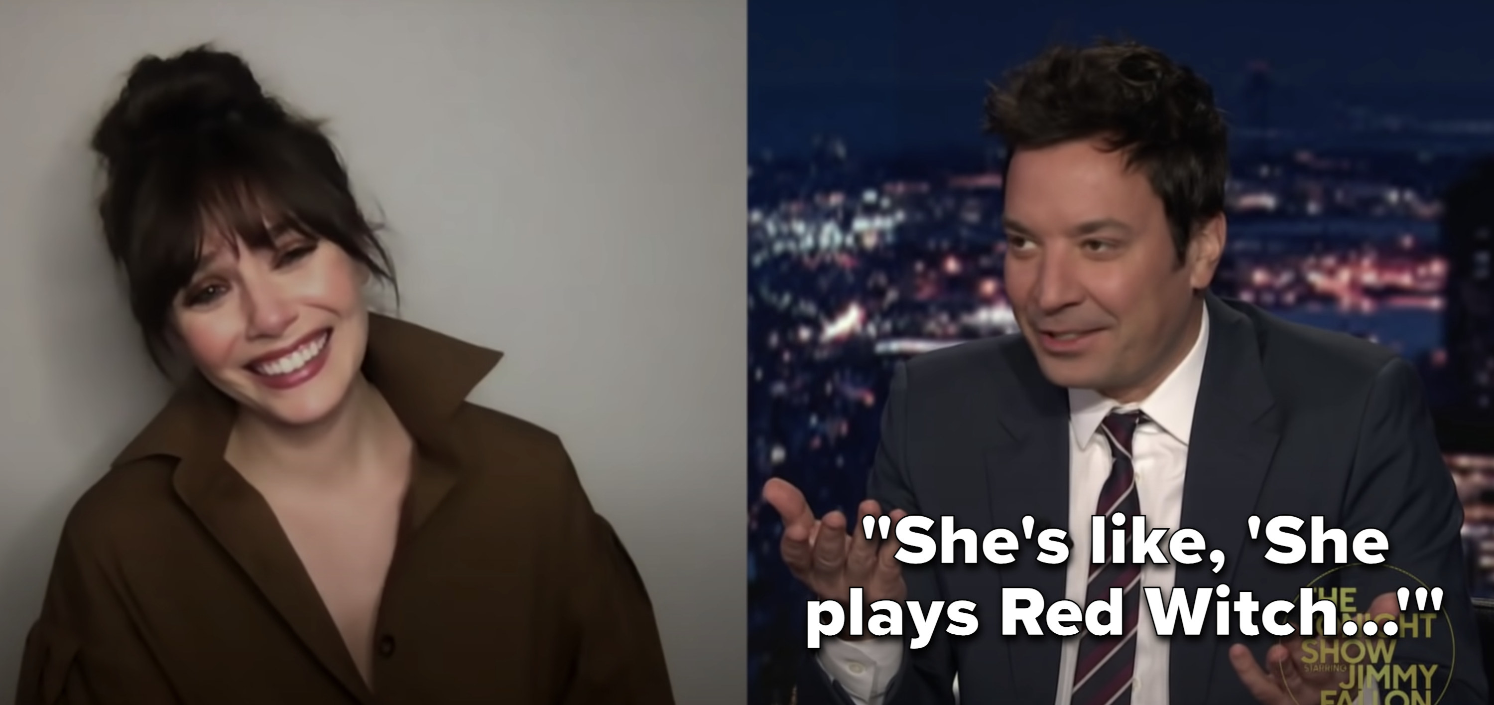 Lizzie Olsen laughing and Jimmy Fallon saying, &quot;She&#x27;s like, &#x27;She plays Red Witch...&#x27;&quot;
