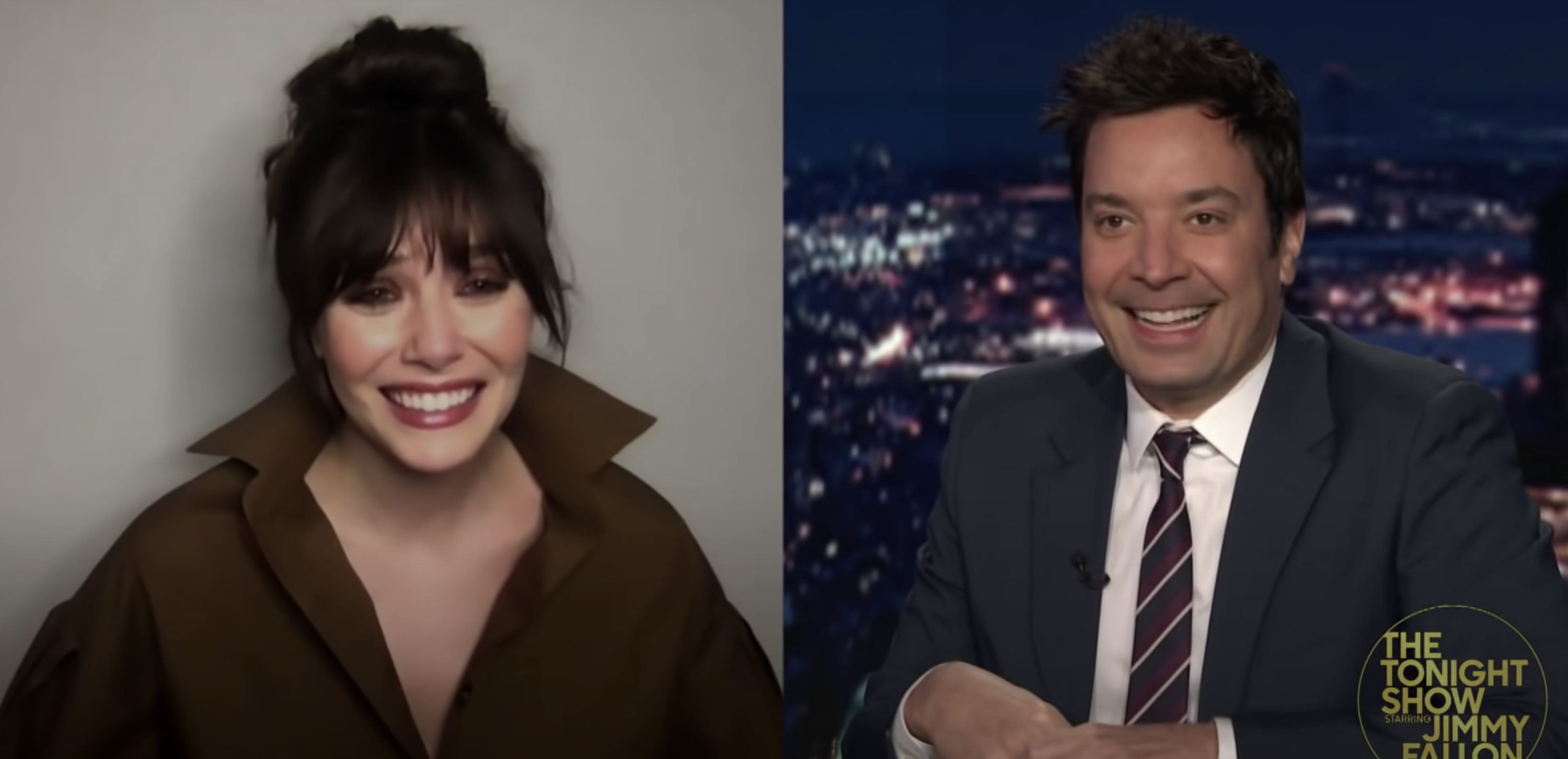 Elizabeth Olsen and Jimmy Fallon laughing