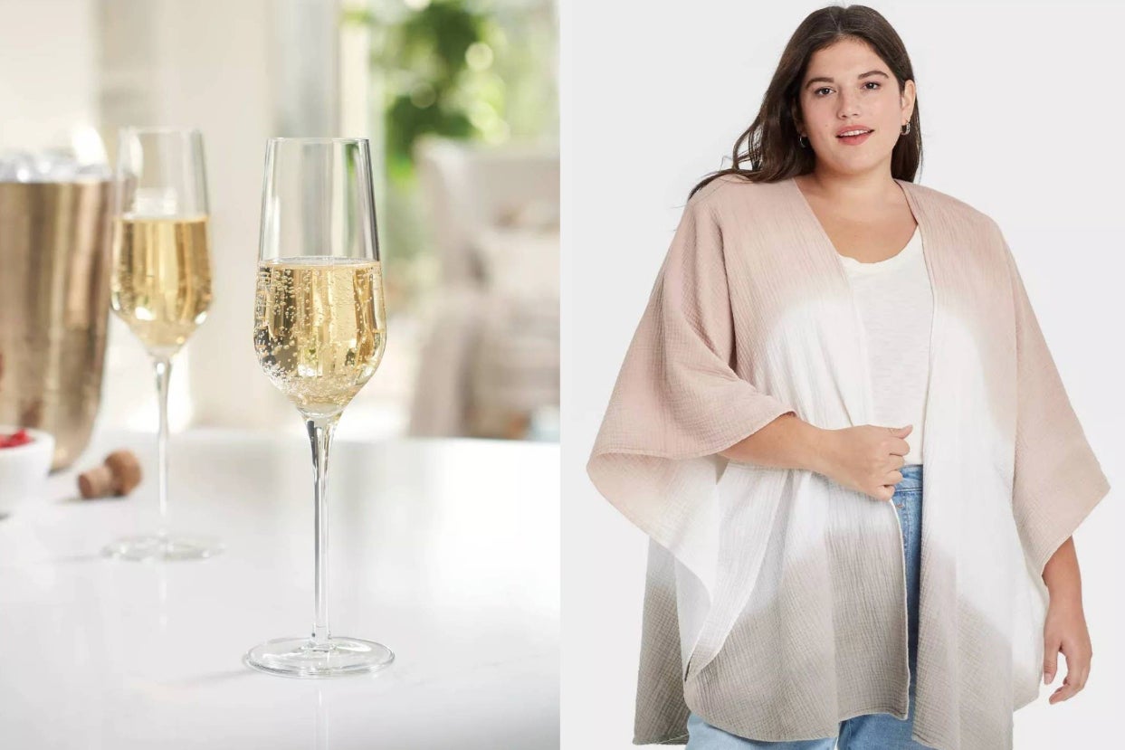 to the left: champagne glasses, to the right: a model in a shawl