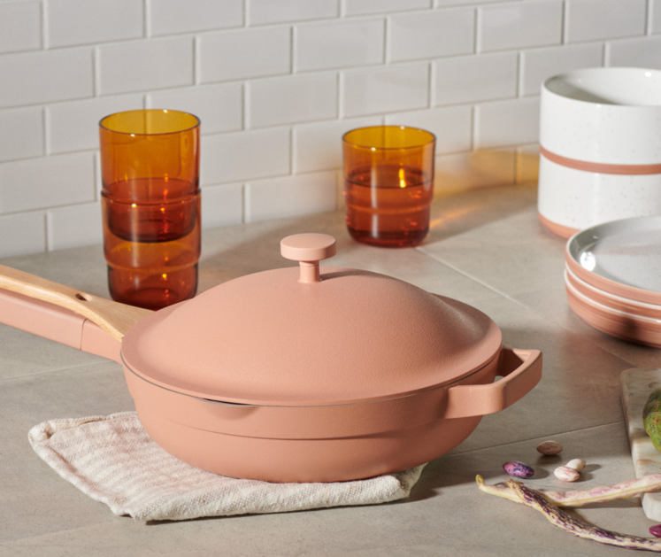 A pink pan on a countertop