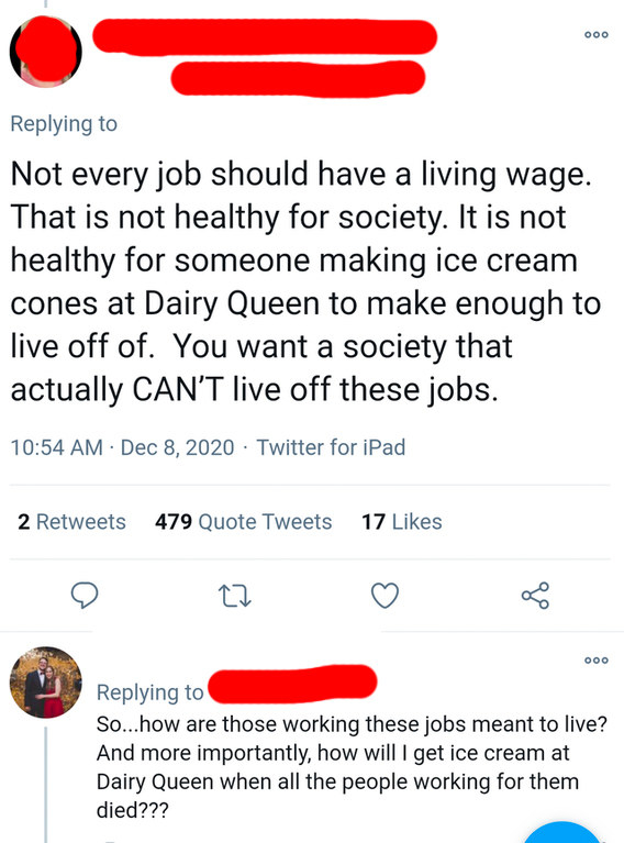 &quot;Not every job should have a living wage; that&#x27;s not a healthy society&quot;; response: &quot;So...how are those working these jobs meant to live?&quot;