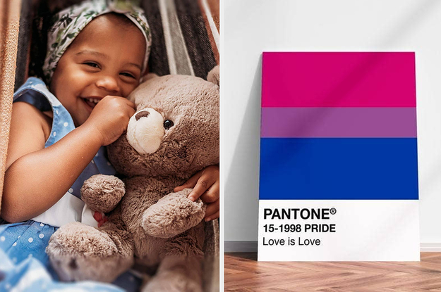 On the left, a kid cuddling a teddy bear. On the right, bi pride wall art