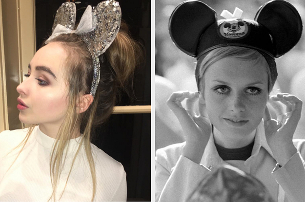 Sabrina Carpenter on the left wearing sparkly silver ears and twiggy on the right wearing classic black ears