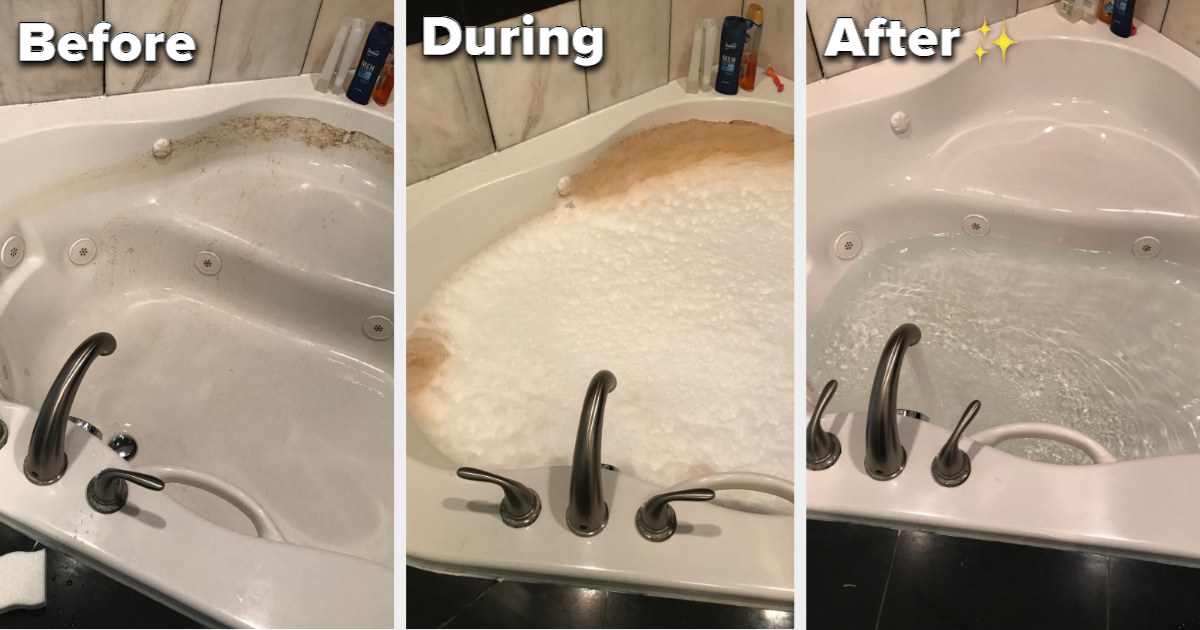 reviewer&#x27;s dirty tub before getting cleaned / the tub full of bubbles and visible dirt and rust / the tub after being cleaned looking shiny and stain-free